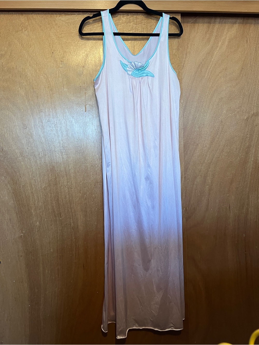Vintage Sleeveless Long Chemise in Light Pink with Aqua Trim- 100% Nylon